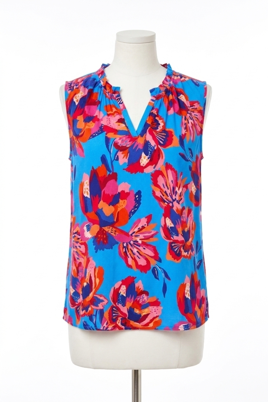 NEW TRIBAL notch neck frill detail printed blouse in turkish sea